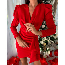 Puff Sleeve Ruffle Hem Ruched Bodycon Dress - red