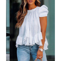 Puff Sleeve Ruffle Hem Ruched Top - white