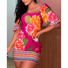 Puff Sleeve Tied Detail Backless Tropical Print Dress - Multicolor