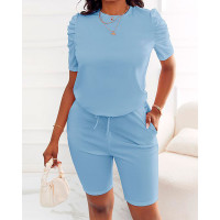 Puff Sleeve Top & Drawstring Shorts Set - blue