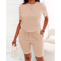 Puff Sleeve Top & Drawstring Shorts Set - khaki