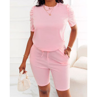 Puff Sleeve Top & Drawstring Shorts Set - pink