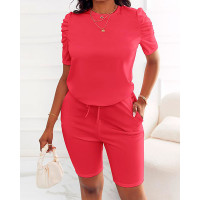 Puff Sleeve Top & Drawstring Shorts Set - red