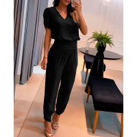 Puff Sleeve Top & High Waist Cuffed Pants Set - black