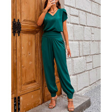 Puff Sleeve Top & High Waist Cuffed Pants Set - green