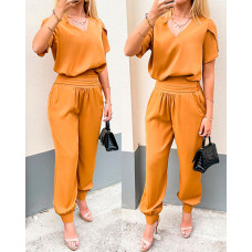 Puff Sleeve Top & High Waist Cuffed Pants Set - khaki