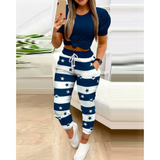 Puff Sleeve Top & Star Print Colorblock Pants Set - blue