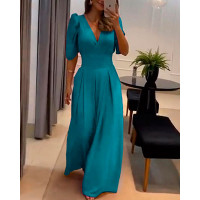 Puff Sleeve Wide Leg Flared Jumpsuit - blue