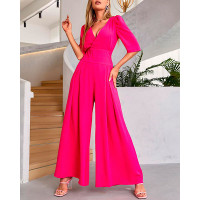 Puff Sleeve Wide Leg Flared Jumpsuit - hot pink