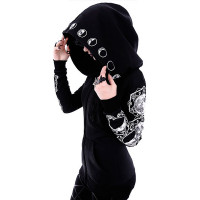 Punk Moon Graphic Print Zipper Design Hoodie - black