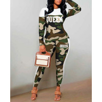 Queen Camo Print Long Sleeve Top & Pants Set - camoflage