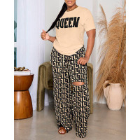 Queen Geometric Print Casual Top & Cutout Pants Set - Apricot