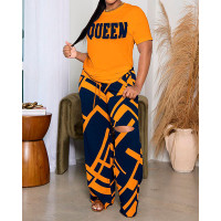 Queen Geometric Print Casual Top & Cutout Pants Set - yellow