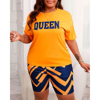 Queen Letter Geometric Print Casual Top & Shorts Set - orange