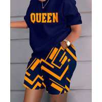 Queen Letter Geometric Print Casual Top & Shorts Set - purplish blue