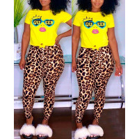 Queen Letter Graphic Leopard Print Tied Detail Top & Pants Set - yellow