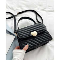 Quilted Flap Shoulder Bag With Handle - black