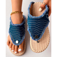 Quilted Fringe Hem Denim Beach Flip Flops - blue