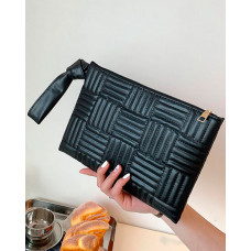 Quilted Geometric Zipper Detail Envelop Clutch Bag - black