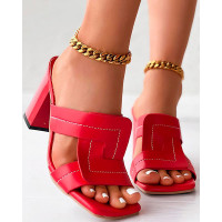 Quilted Hollow Square Toe Chunky Heeled Sandals - red