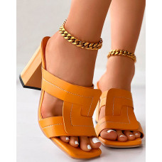 Quilted Hollow Square Toe Chunky Heeled Sandals - yellow