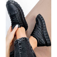 Quilted Lace-up Platform Casual Sneakers - black