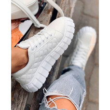 Quilted Lace-up Platform Casual Sneakers - white