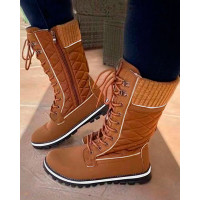 Quilted Lace-up Side Zipper Martin Boots - brown