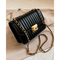 Quilted Lock Chain Strap Flap Shoulder Bag - black