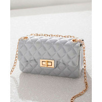 Quilted Twist Lock Chain Strap Flap Crossbody Bag - gray