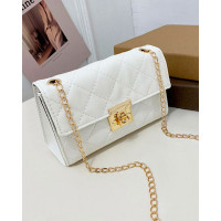 Quilted Twist Lock Chain Strap Flap Shoulder Bag - white