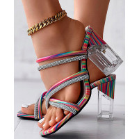 Rainbow Abstract Print Cross Strap Chunky Clear Heels Sandals - Multicolor