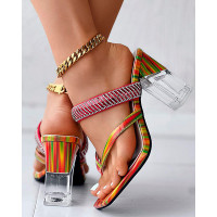 Rainbow Abstract Print Rhinestone Toe Post Chunky Clear Heels Sandals - Multicolor