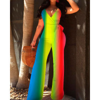 Rainbow Color Striped Flared Jumpsuit - Multicolor