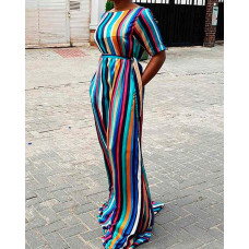 Rainbow Color Striped Loose Casual Dress - Multicolor