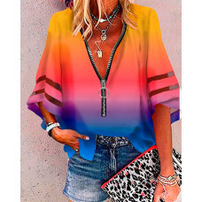 Rainbow Ombre Bell Sleeve Zipper Front Top - Multicolor