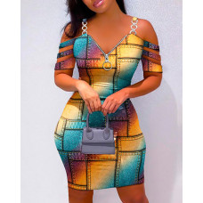 Rainbow Ombre Denim Look Print Cold Shoulder Bodycon Dress - Multicolor