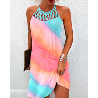 Rainbow Ombre Hollow Out Casual Dress - Multicolor