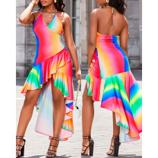 Rainbow Ombre Ruffle Hem Asymmetrical Dress - Multicolor