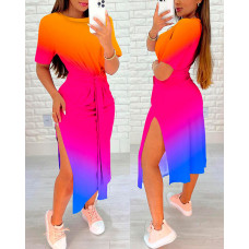 Rainbow Ombre Tied Detail Slit Casual Dress - Multicolor