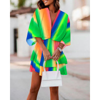 Rainbow Ombre Twist Design Batwing Sleeve Casual Dress - Multicolor