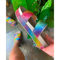 Rainbow Peep Toe Sequins Flat Sandals - Multicolor