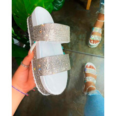 Rainbow Peep Toe Sequins Flat Sandals - white