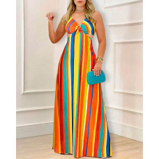 Rainbow Stripe Cutout Waist Twist Maxi Dress - Multicolor