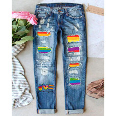 Rainbow Stripe Graphic Heart Letter Print Patchwork Ripped Jeans - blue