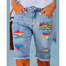 Rainbow Stripe Graphic Heart Print Patchwork Raw Hem Denim Shorts - blue