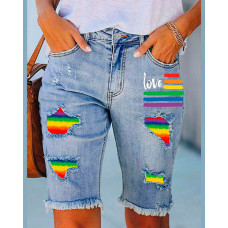 Rainbow Stripe Love Letter Print Patchwork Raw Hem Denim Shorts - blue