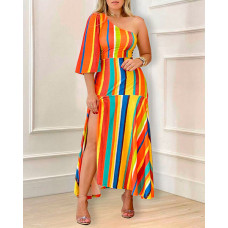 Rainbow Stripe One Shoulder Split Thigh Maxi Dress - Multicolor