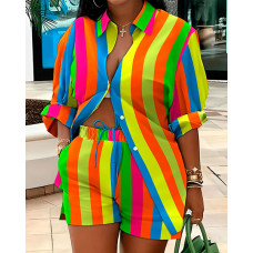 Rainbow Stripe Print Buttoned Shirt & Shorts Set - Multicolor