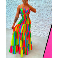 Rainbow Stripe Print Halter Backless Maxi Dress - Multicolor